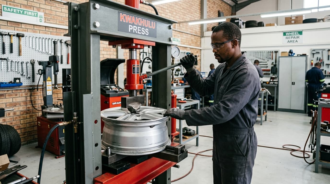 Automotive technician using hydraulic press for rim straightening at Speedline Mags workshop