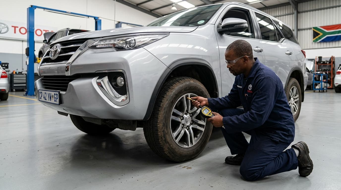 Technician checking tyre pressure on a Toyota Fortuner at Speedline Mags workshop