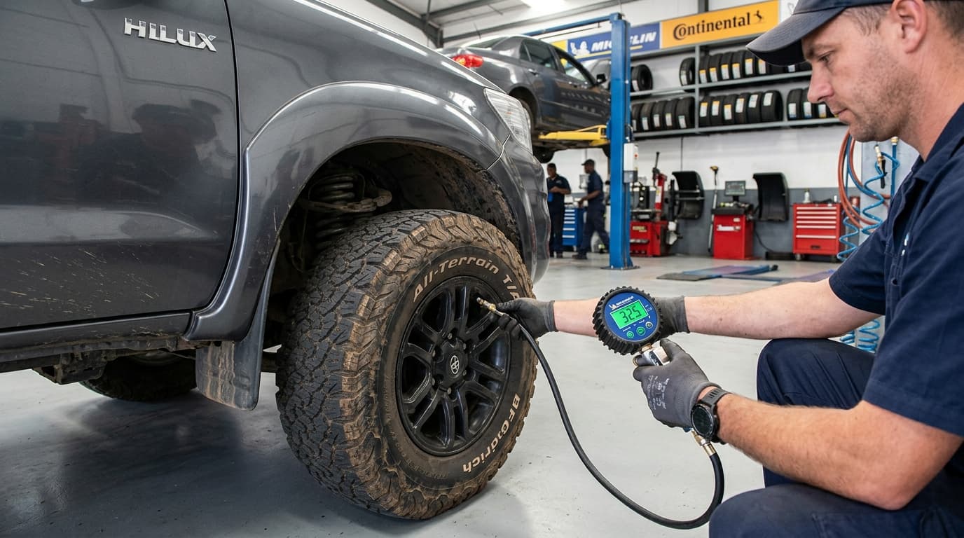 Technician checking Toyota Hilux tyre pressure with a digital gauge at Speedline Mags workshop in Parow