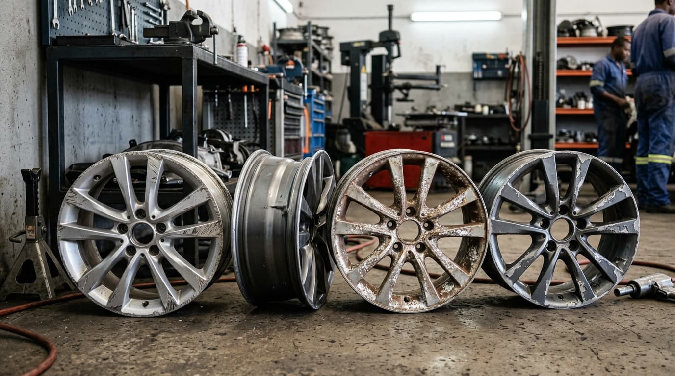 Multiple alloy wheels showing different types of damage at Speedline Mags workshop in Parow, Cape Town