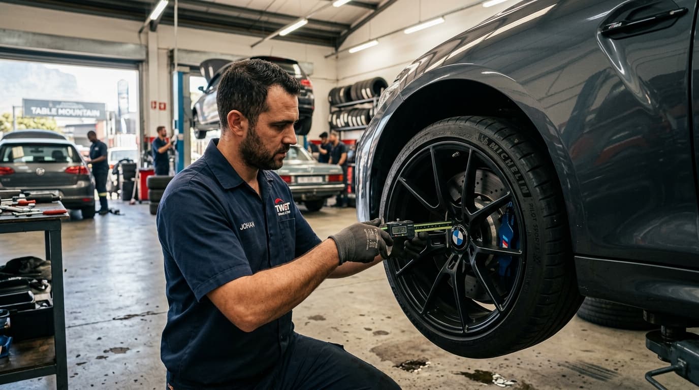 Technician checking alloy wheel offset and fitment on a vehicle at Speedline Mags in Parow