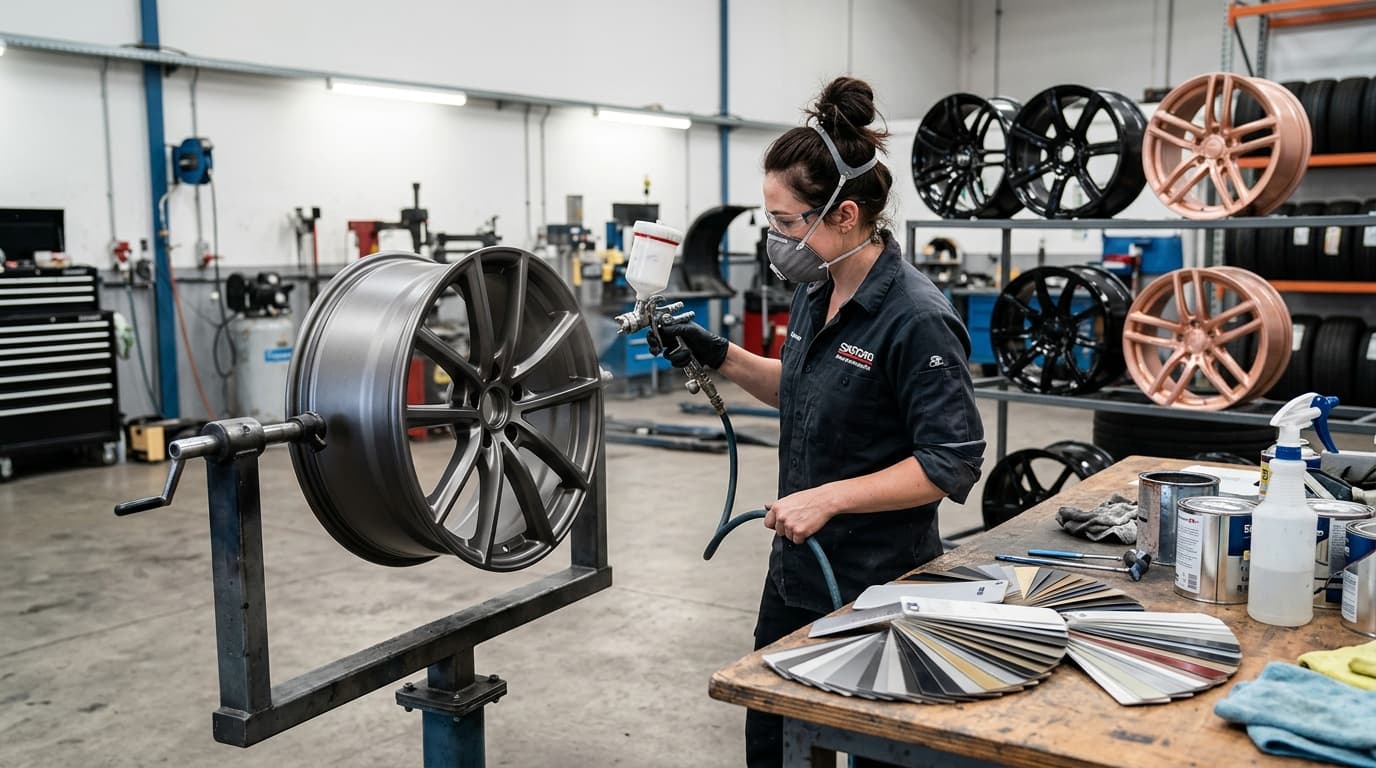 Professional technician applying custom satin gunmetal finish to alloy wheels at Speedline Mags workshop in Cape Town