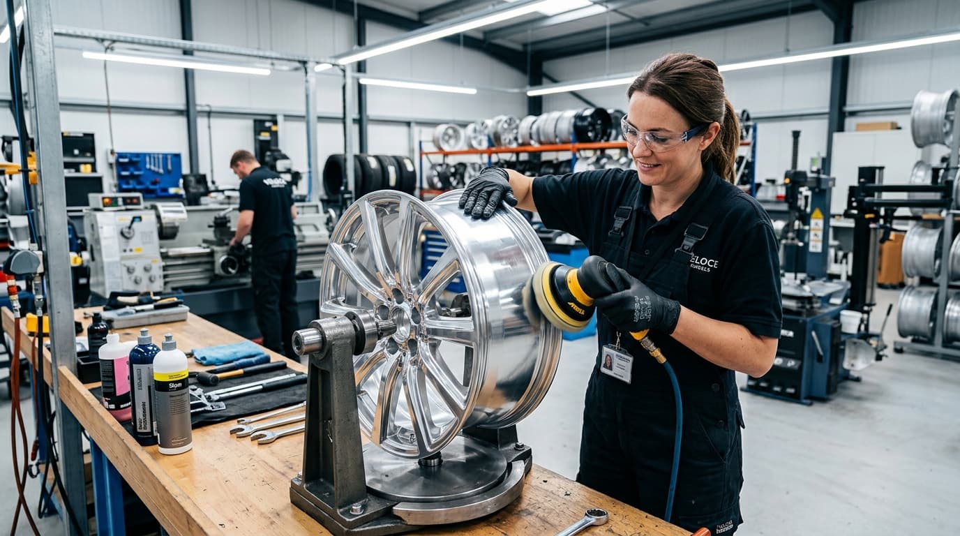 Professional technician refurbishing an alloy wheel at Speedline Mags workshop in Parow, Cape Town