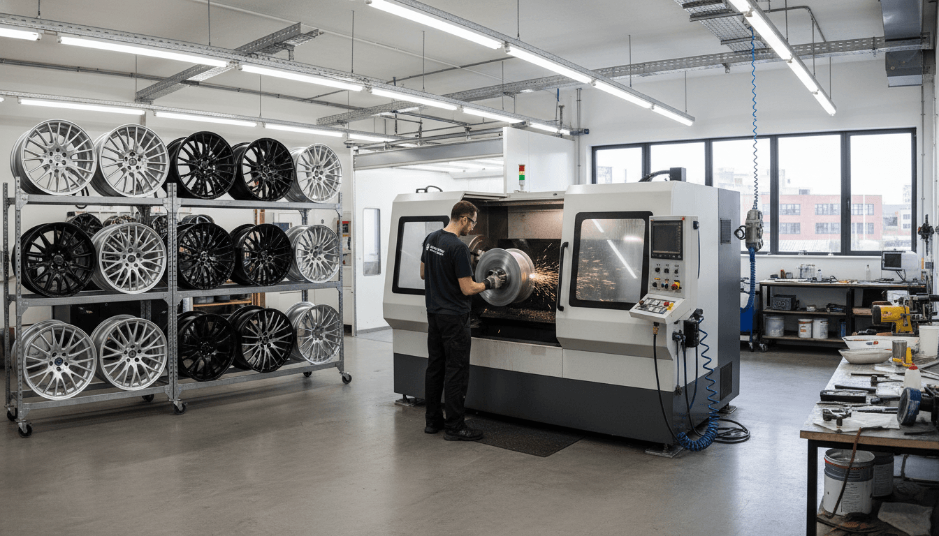 Professional wheel refurbishment workshop with freshly restored alloy wheels at Speedline Mags