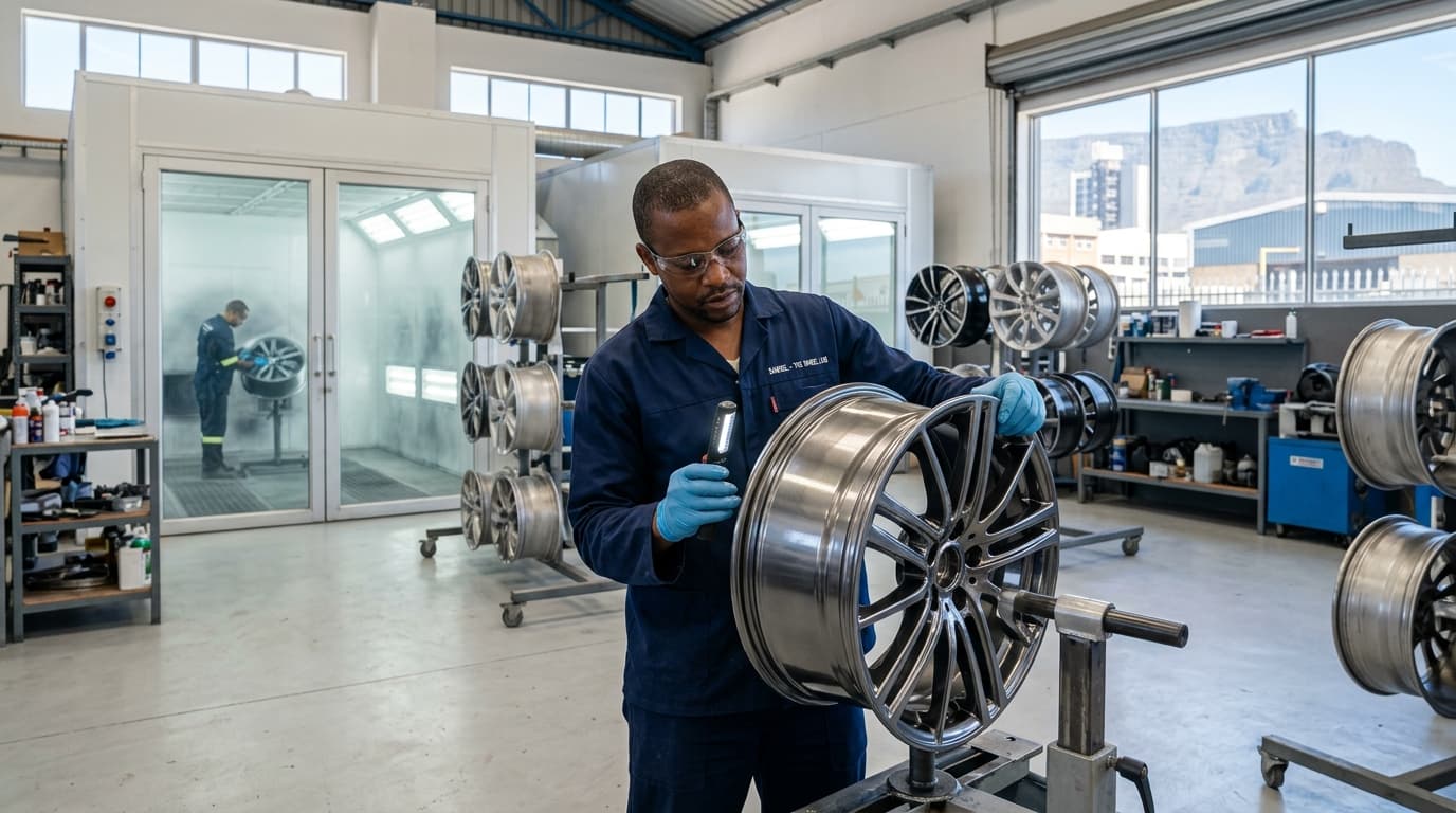 Professional technician inspecting refurbished alloy wheel at Speedline Mags workshop in Cape Town
