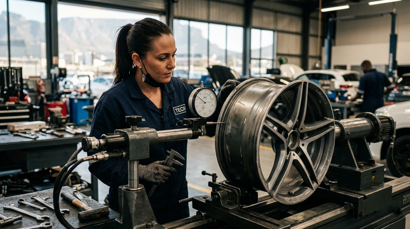 Wheel straightening of a bent alloy rim on workshop equipment at Speedline Mags in Parow, Cape Town