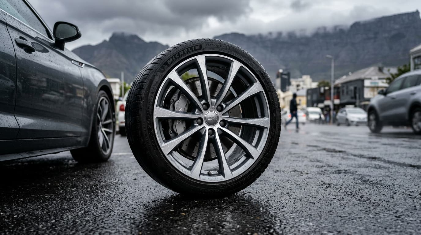 Wet Cape Town road with alloy wheels showing winter wheel care conditions at Speedline Mags